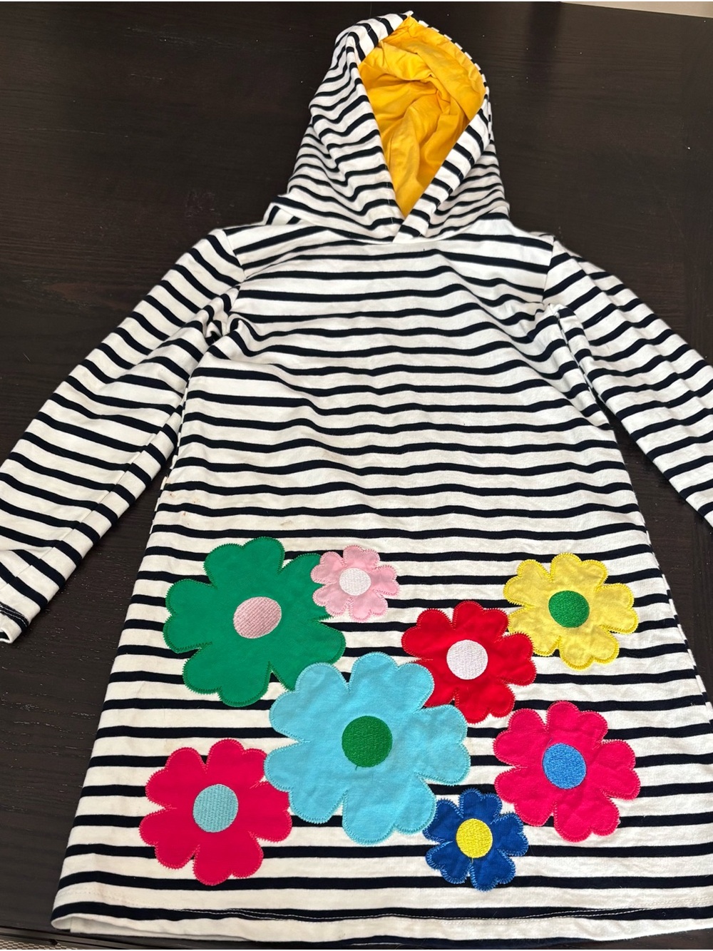 Mini Boden Striped Hooded Bathing Suit Coverup with Bright Floral Appliqués